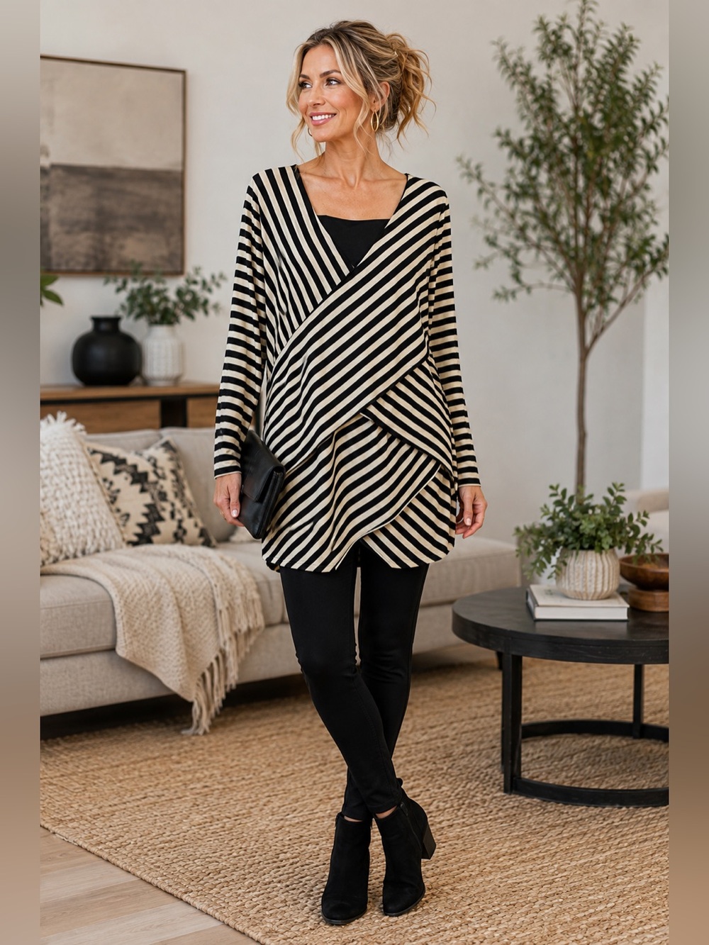 Metaphor Black Cream Striped Faux Wrap Tunic Top L Asymmetrical Drape